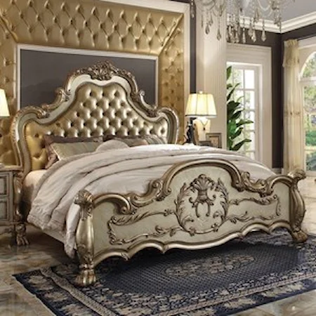 Traditional European Style King Upholstered Bed with Faux Leather Headboard